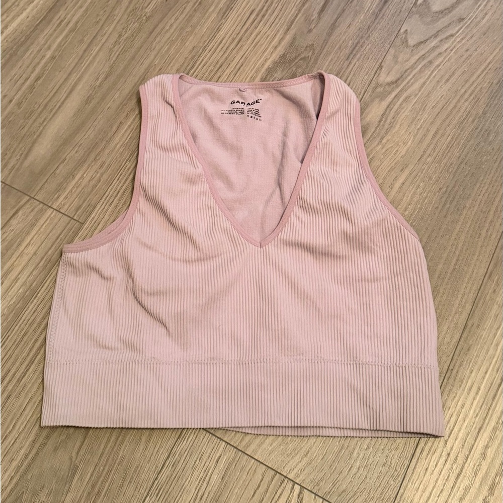Garage Purple Ribbed V-Neck Crop Tank | Soft Lounge Bralette Style Top | Large